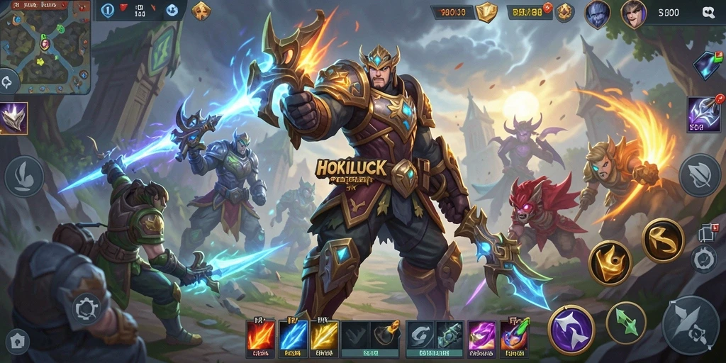 Screenshot HOKILUCK menampilkan aksi tim dalam pertempuran seru MOBA.